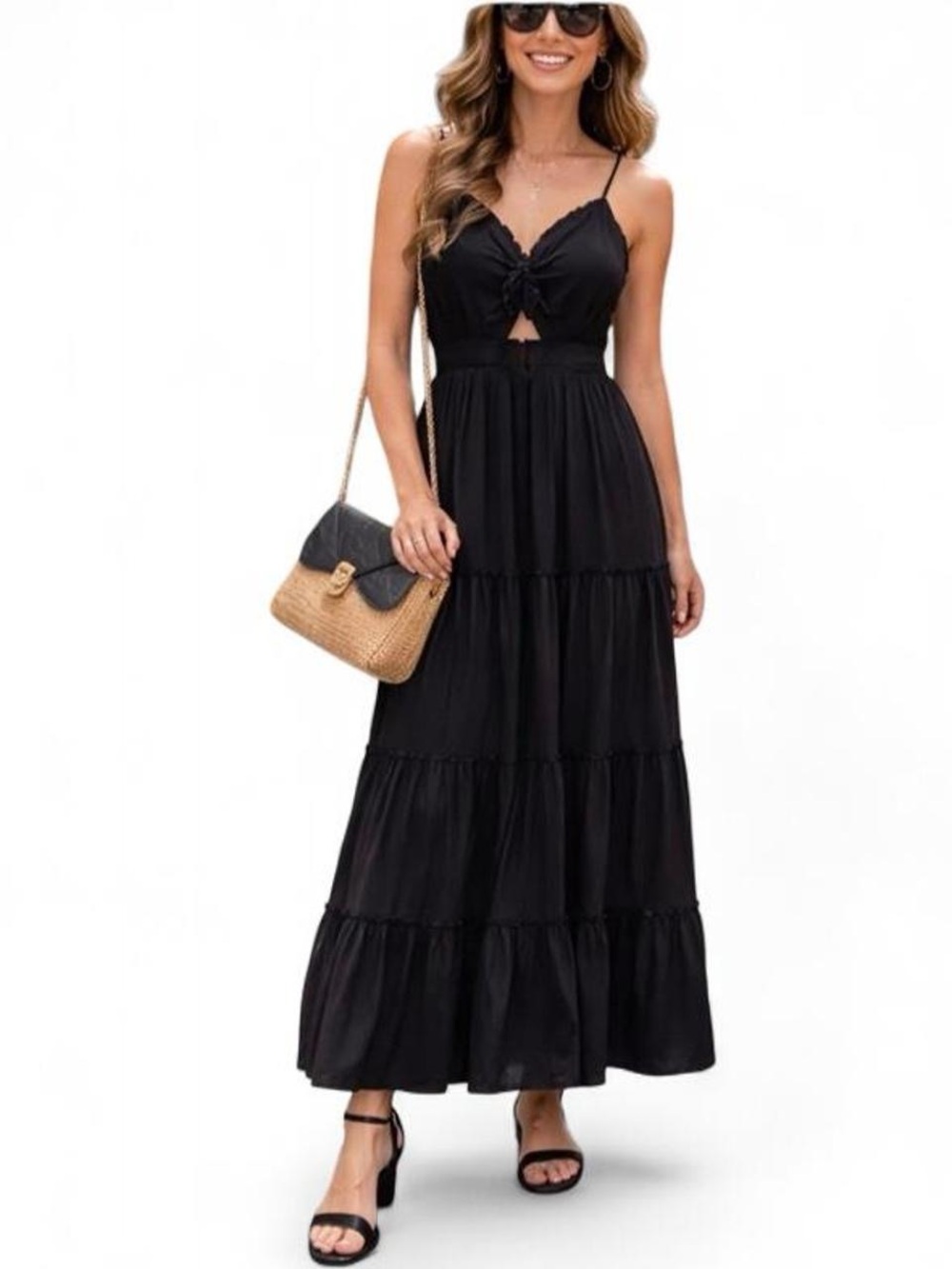 Women's Black Spaghetti-Strap Tiered Maxi Dress with Front Knot